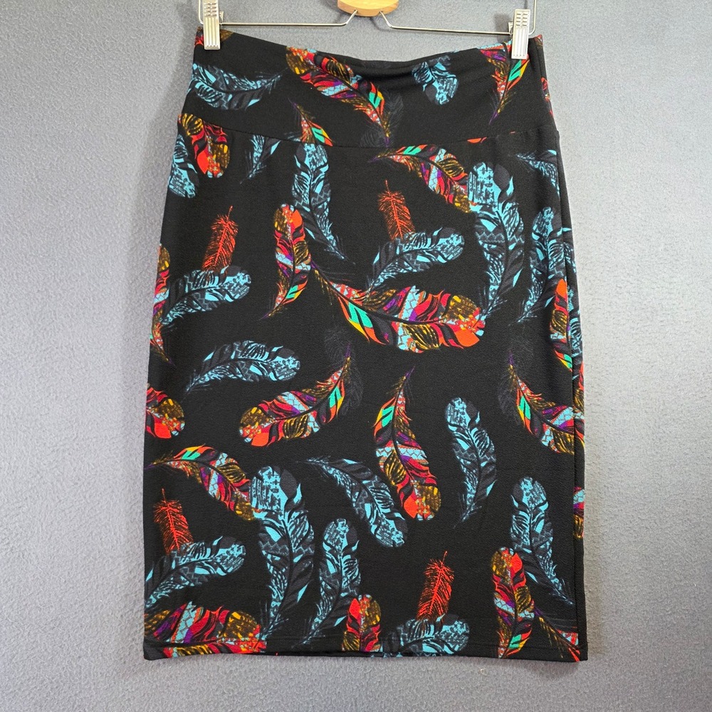 LuLaRoe Cassie Pencil Skirt Black Multi Color Feather Print Medium